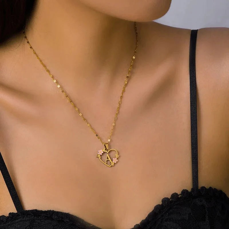Dainty floral accented heart letter initial necklace 136146