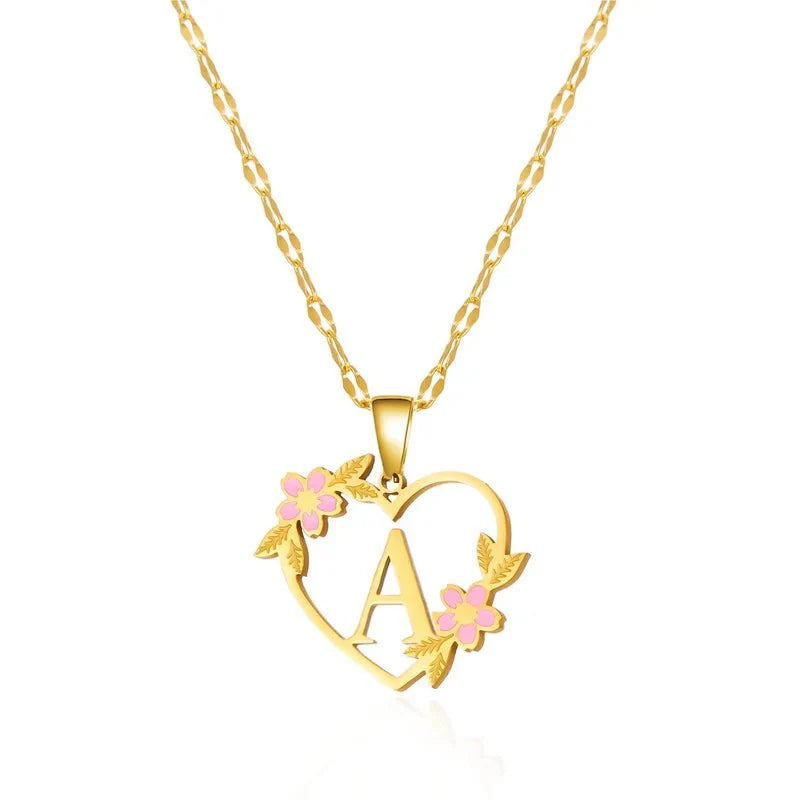 Dainty floral accented heart letter initial necklace 941516