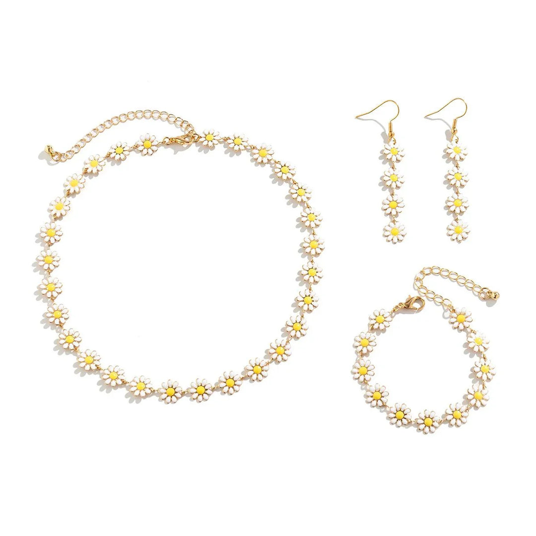 Dainty Floral Daisy Choker Necklace, Bracelet, and Earrings Set