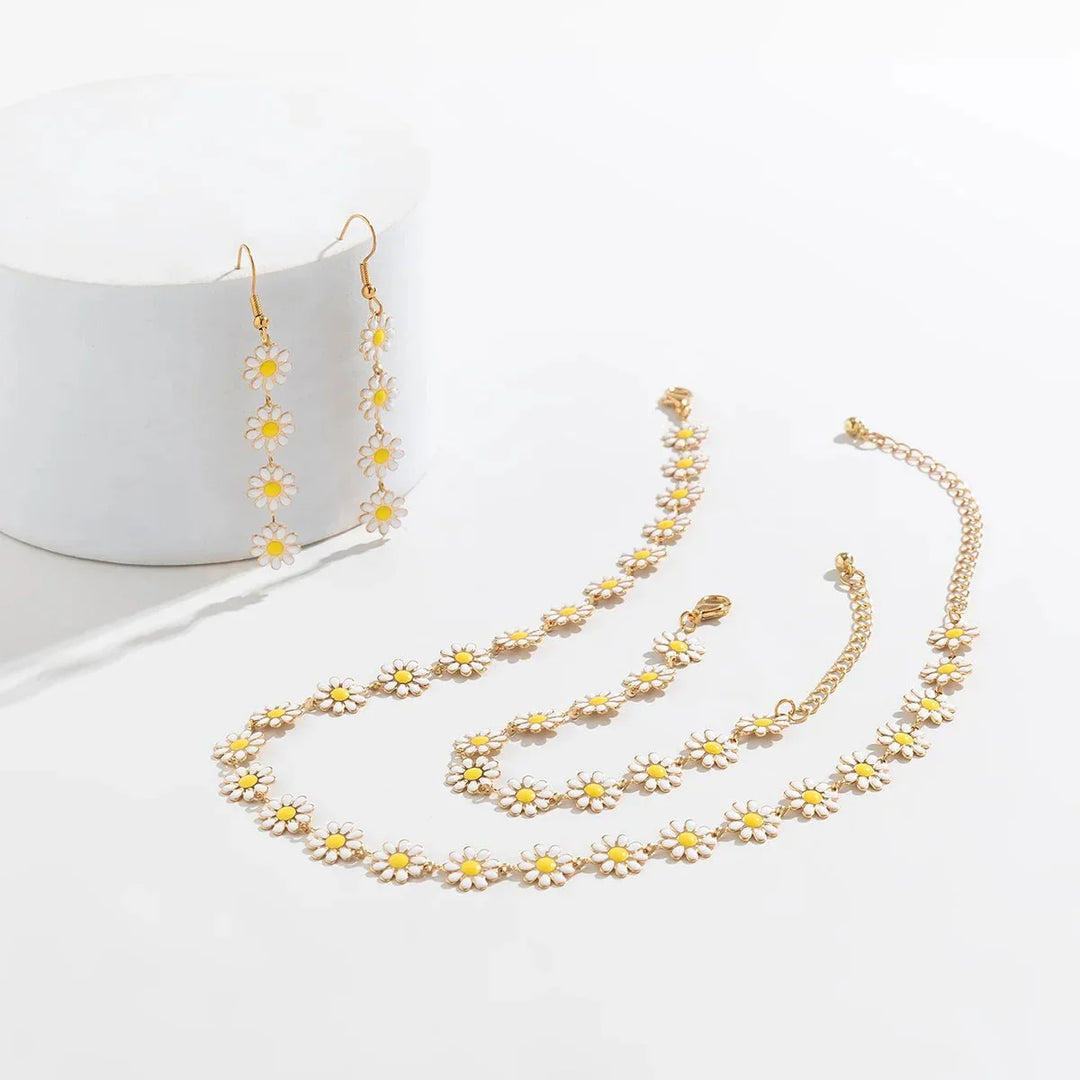 Dainty Floral Daisy Choker Necklace, Bracelet, and Earrings Set