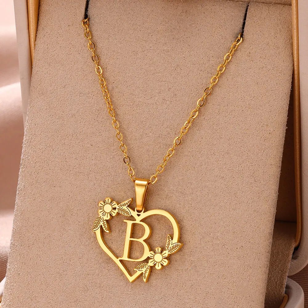 Minimal Floral Heart Initial Necklace & Hoop Earrings Set