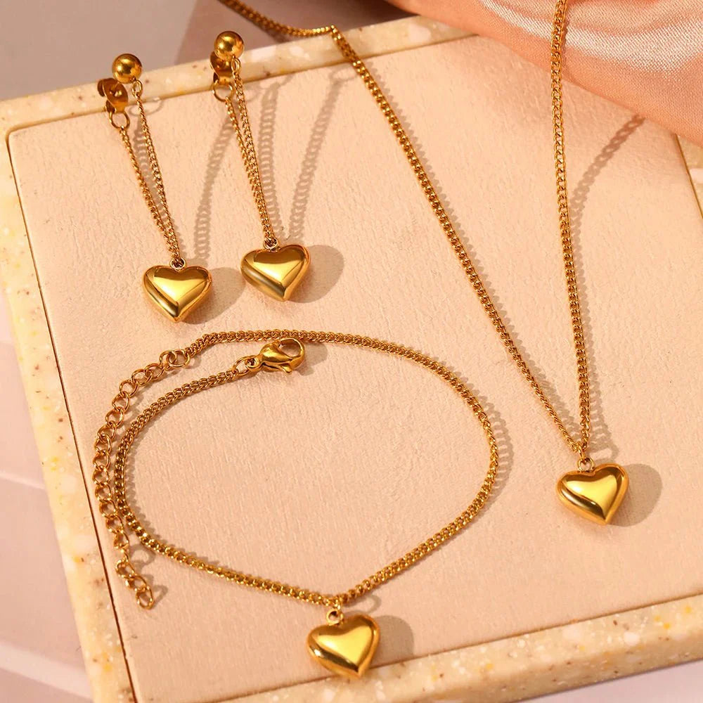 Dainty heart chain necklace bracelet and earring set 170679