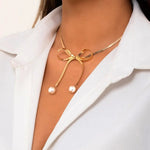 Load image into Gallery viewer, Dainty Herringbone Pearl Bow Necklace
