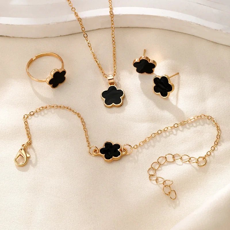 Dainty lucky floral clover necklace bracelet earrings and rings set 980733