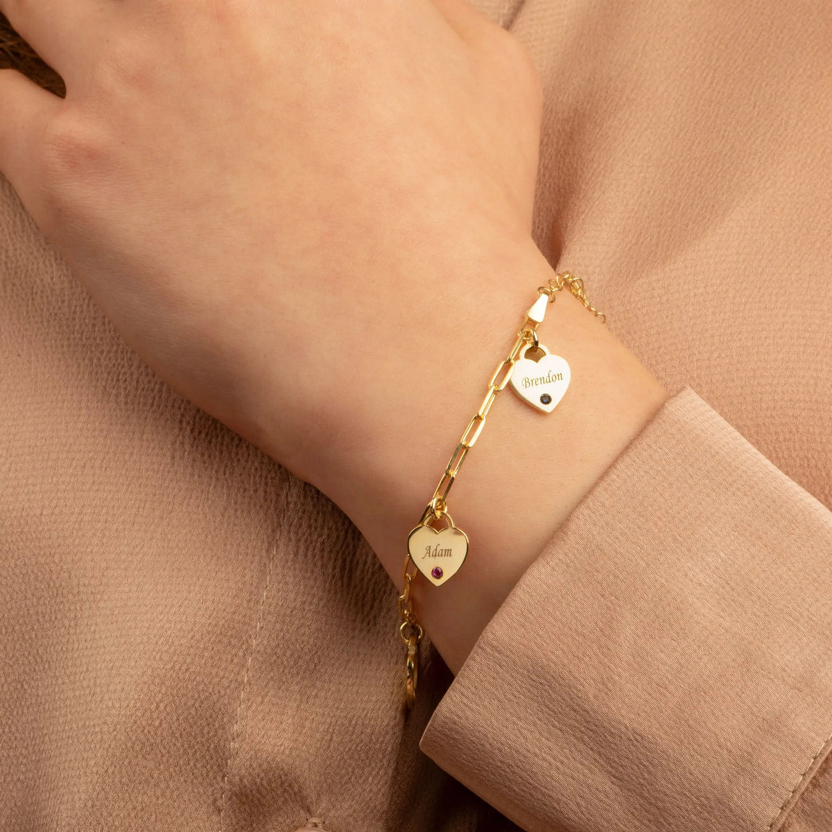 Dainty name birthstone heart charm paperclip bracelet 415805