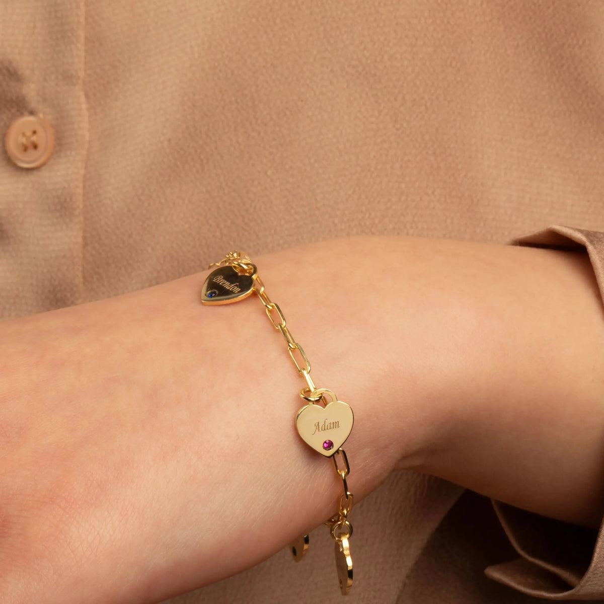 Dainty name & birthstone heart charm paperclip bracelet