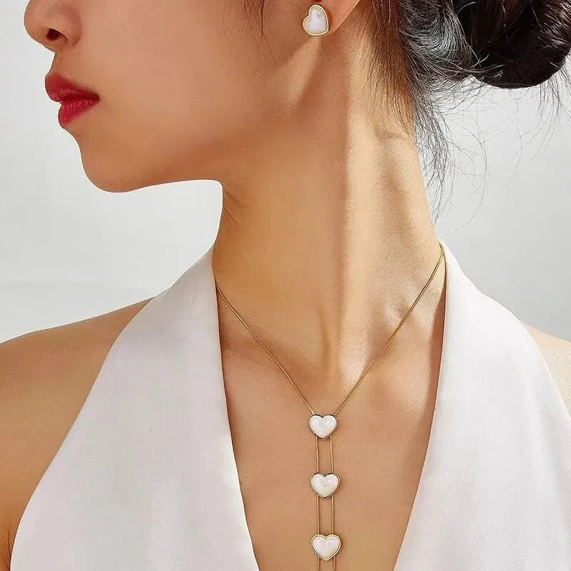 Dainty pearl heart lariat necklace and earrings set 656802