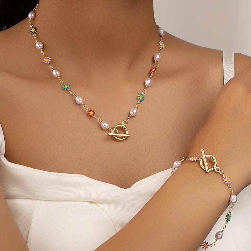 Dainty spring floral pearls bracelet and necklace set 809904