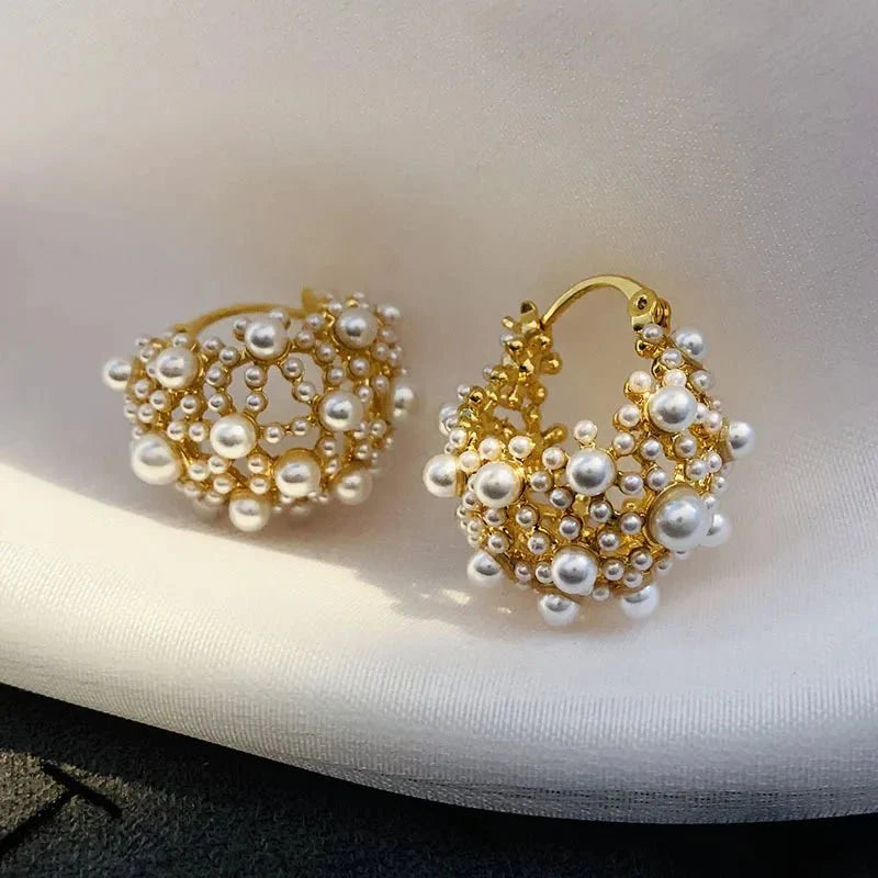 Dainty statement pearl hoop earrings