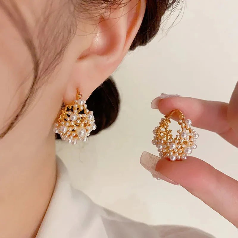 Dainty statement pearl hoop earrings 917622