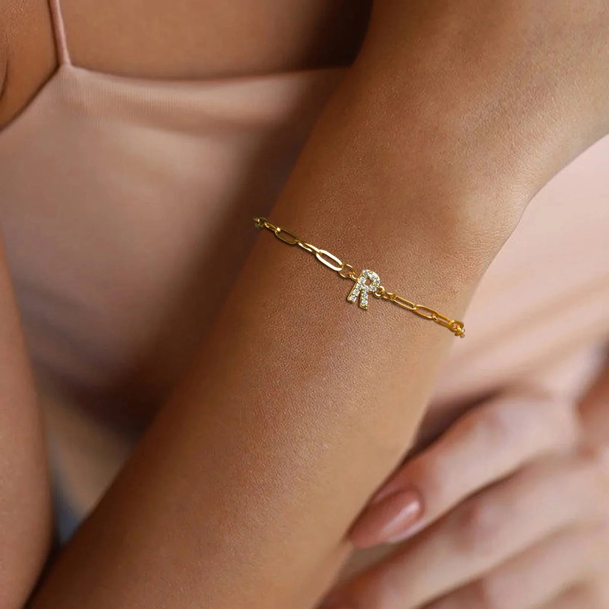 Dainty thin paperclip letter initial bracelet