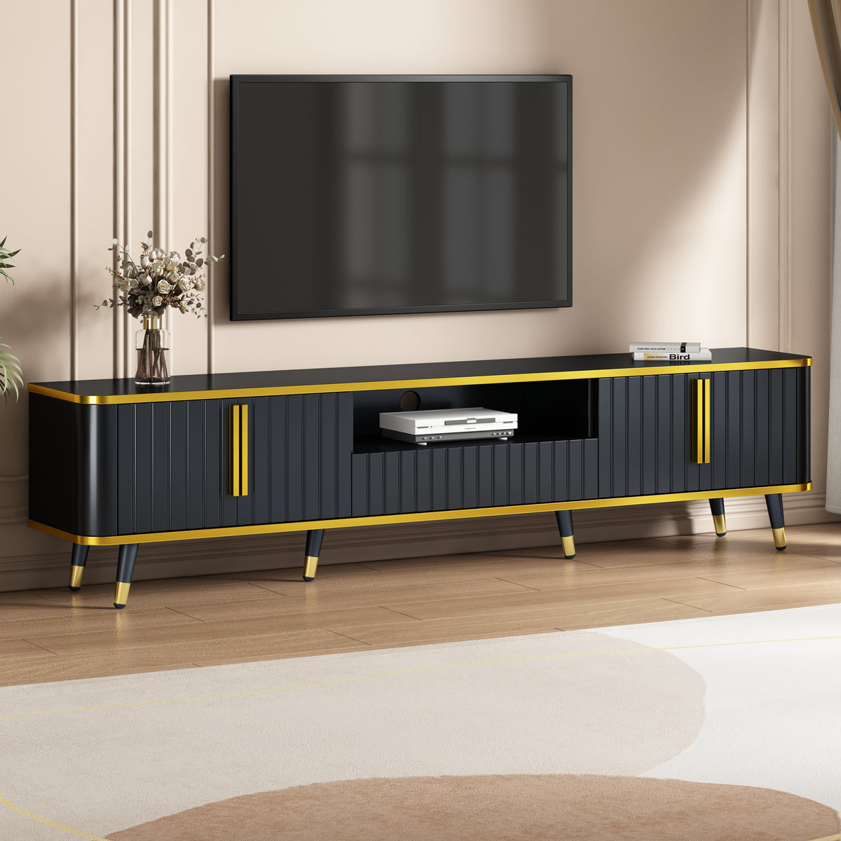 Luxury Minimalism TV Stand with Open Storage Shelf for TVs Up to 85 Inches Entertainment Center with Cabinets and Drawers In Black