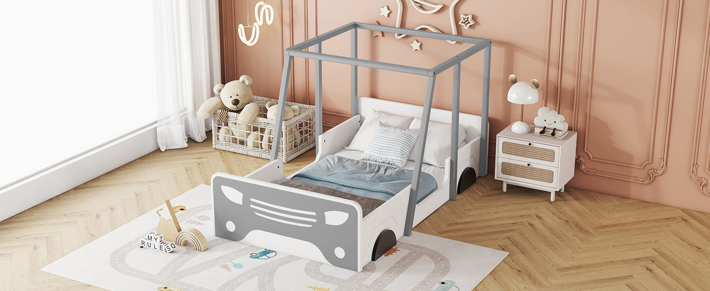 Gray Twin Size Car-Shaped Bed with Roof and Wooden Wheels