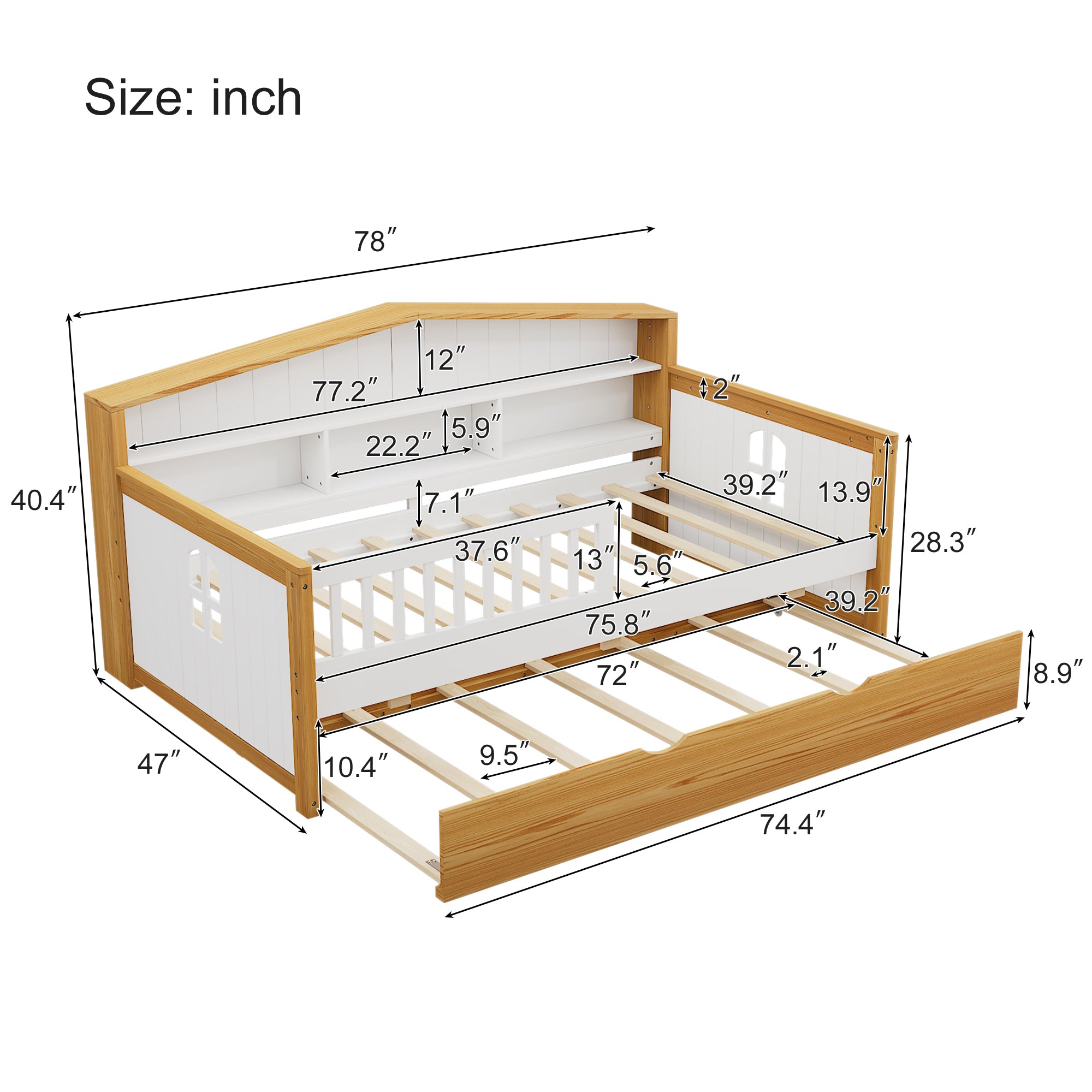 Twin Size Toddler Safety Bed Frame with Trundle & Fence Guardrails