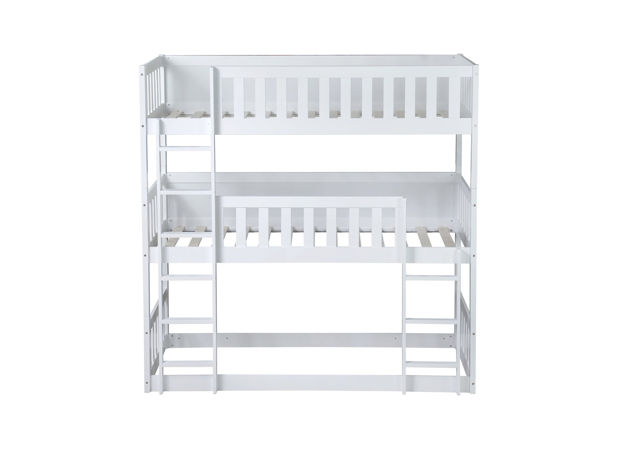 Detachable Twin Size Triple Bunk Bed with Ladders and Guardrails in White