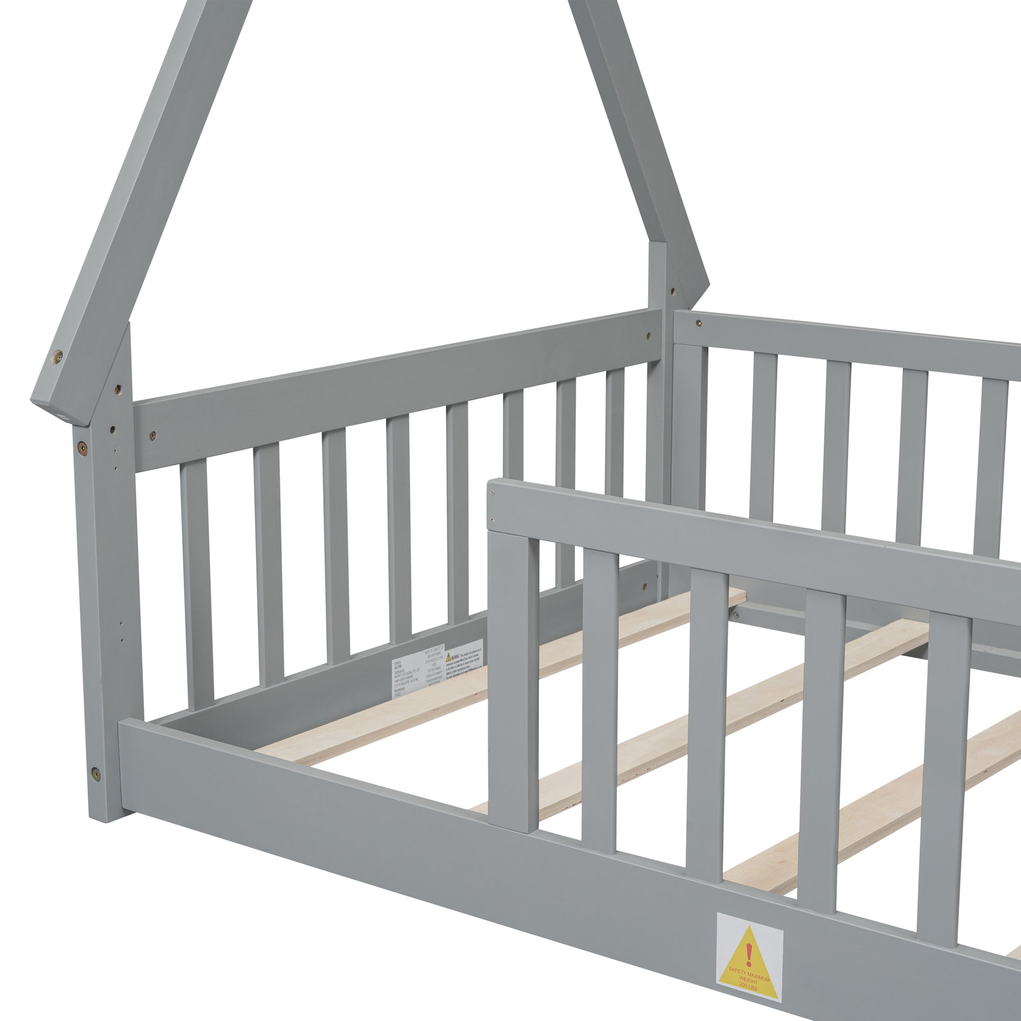 Gray Twin Tent-Shaped Teepee Toddler Floor Bed Frame with Guardrails