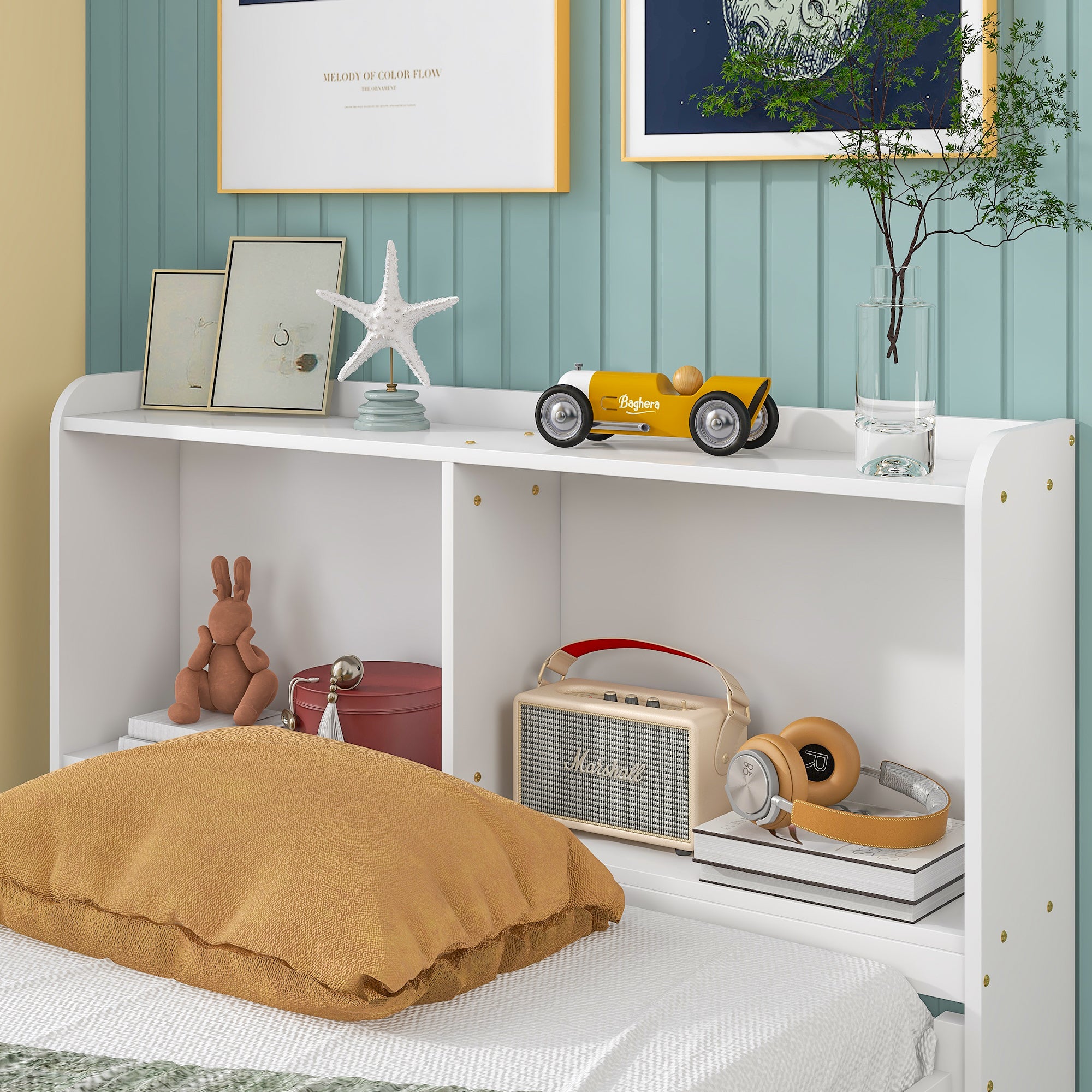 White Twin Bed with Bookcase, Trundle, and Drawers