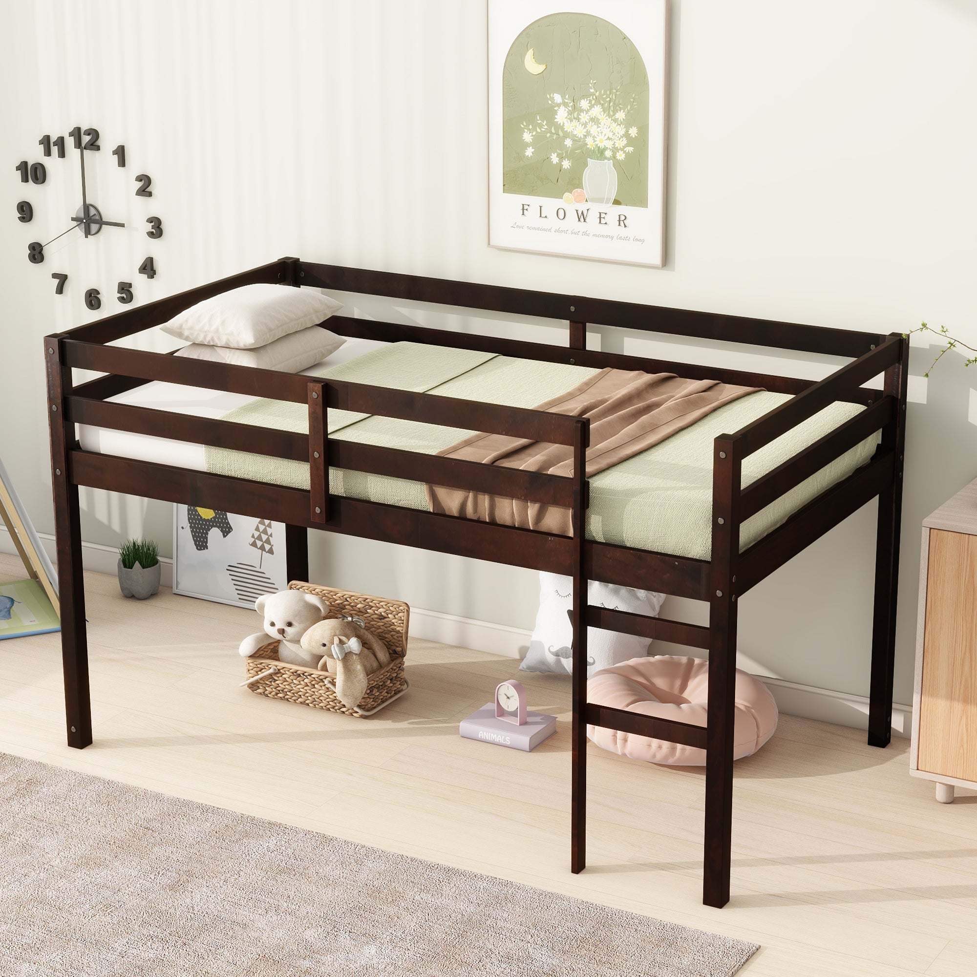 Espresso Twin Loft Bed with Ladder and Strengthened Slats