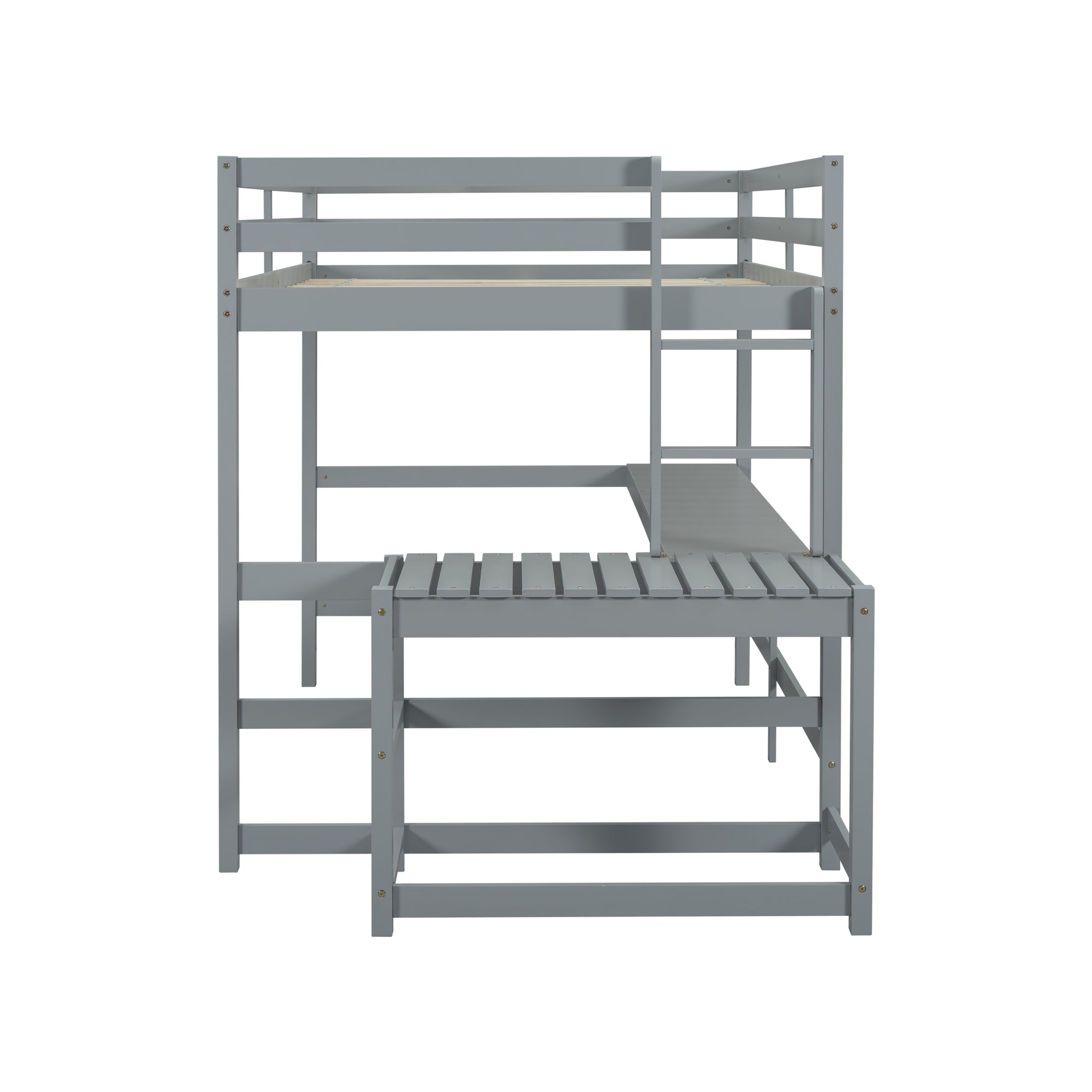 Gray Full Size High Loft Bed with Built-in Desk, Ladder Platform, and Guardrails