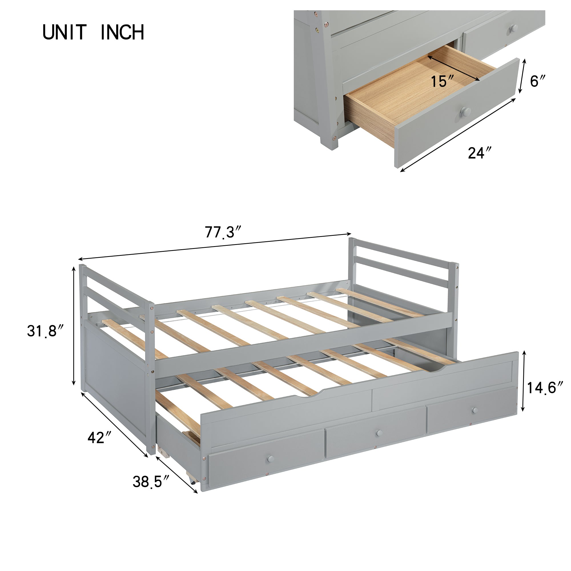 Gray Twin Size Bed with Headboard, Footboard, Trundle, and Three Storage Drawers