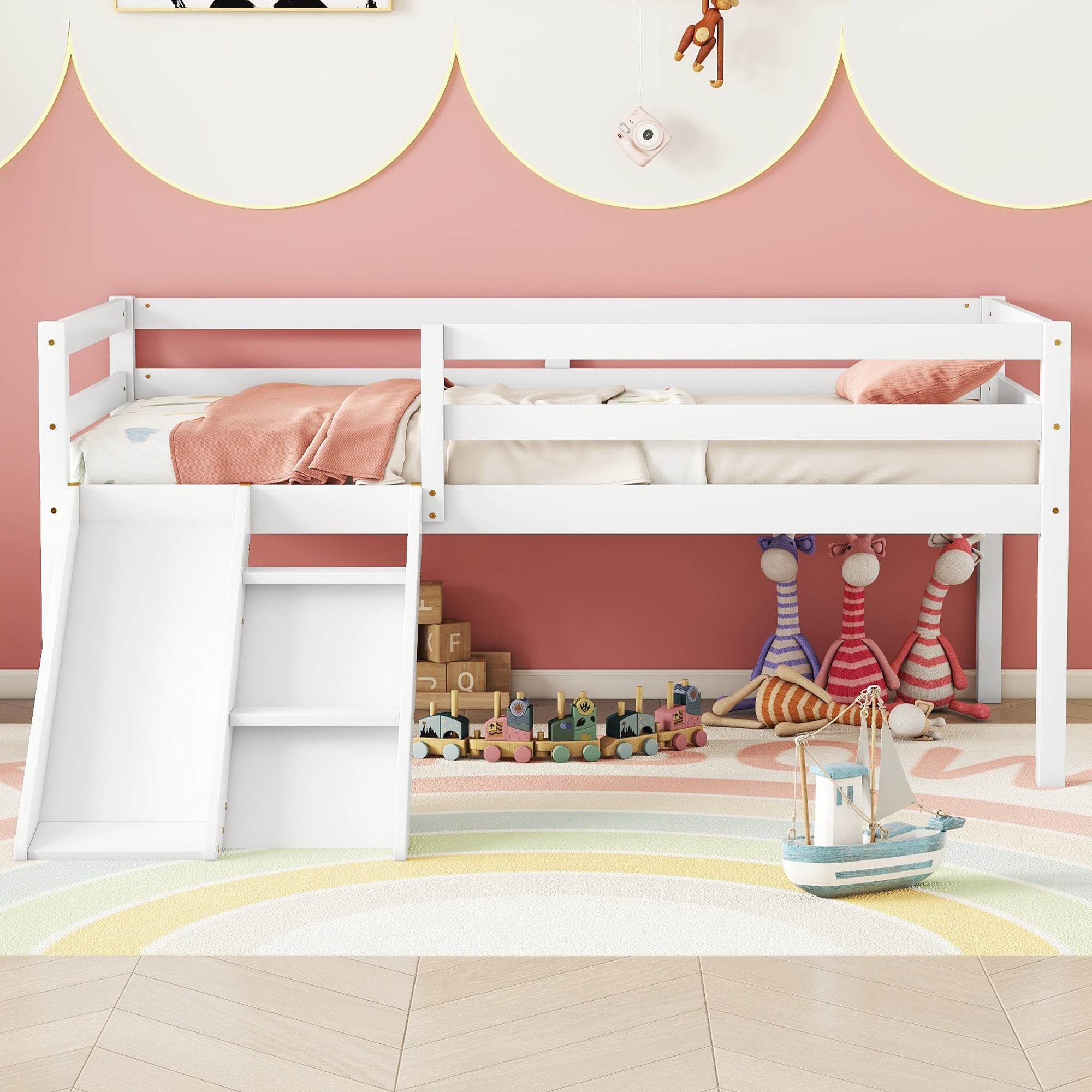 Twin Size Low Loft Bed with Slide, Ladder & Safety Guardrails in White