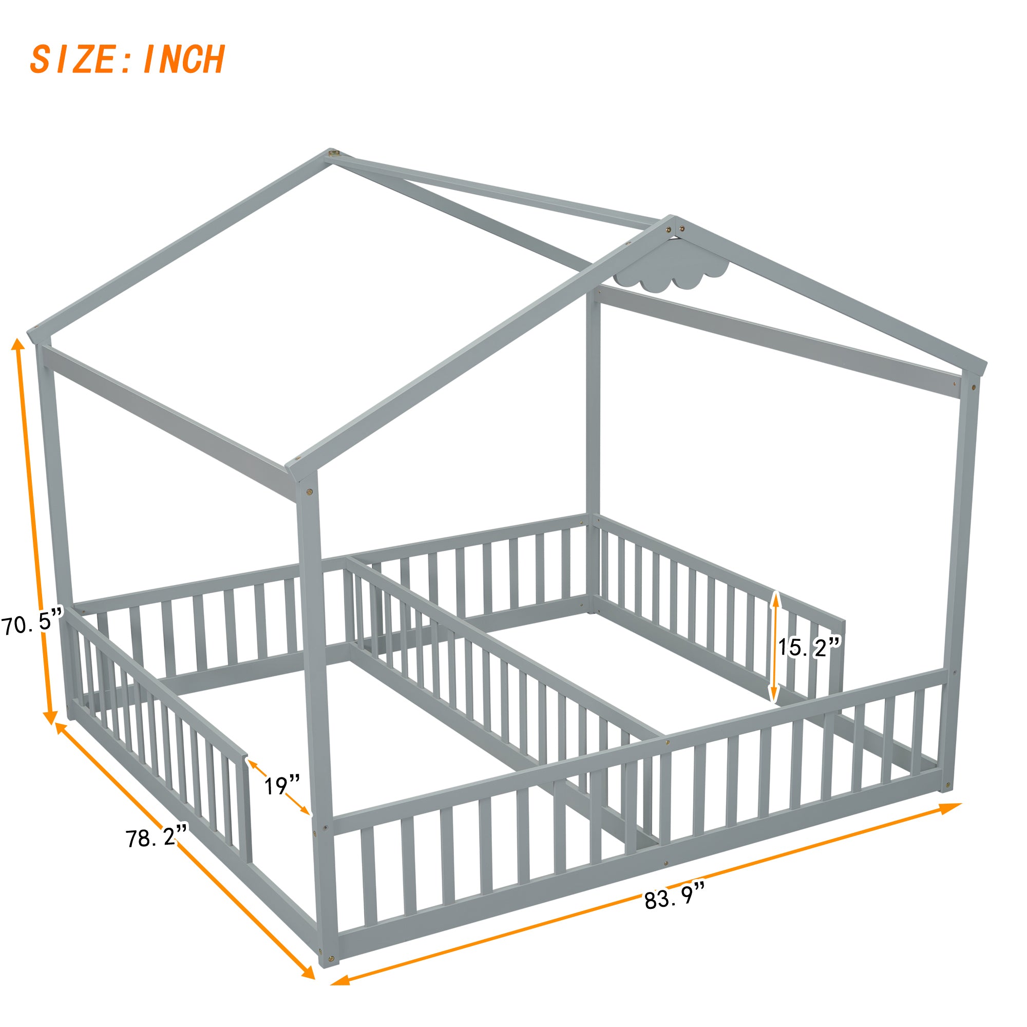 Gray Double Twin House-Style Toddler Floor Bed with Fence and Guardrails