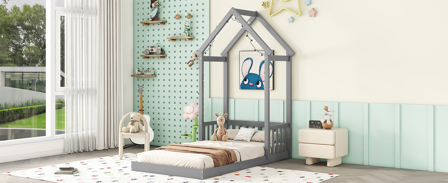 Gray Twin House-Shaped Roof Headboard Toddler Floor Bed