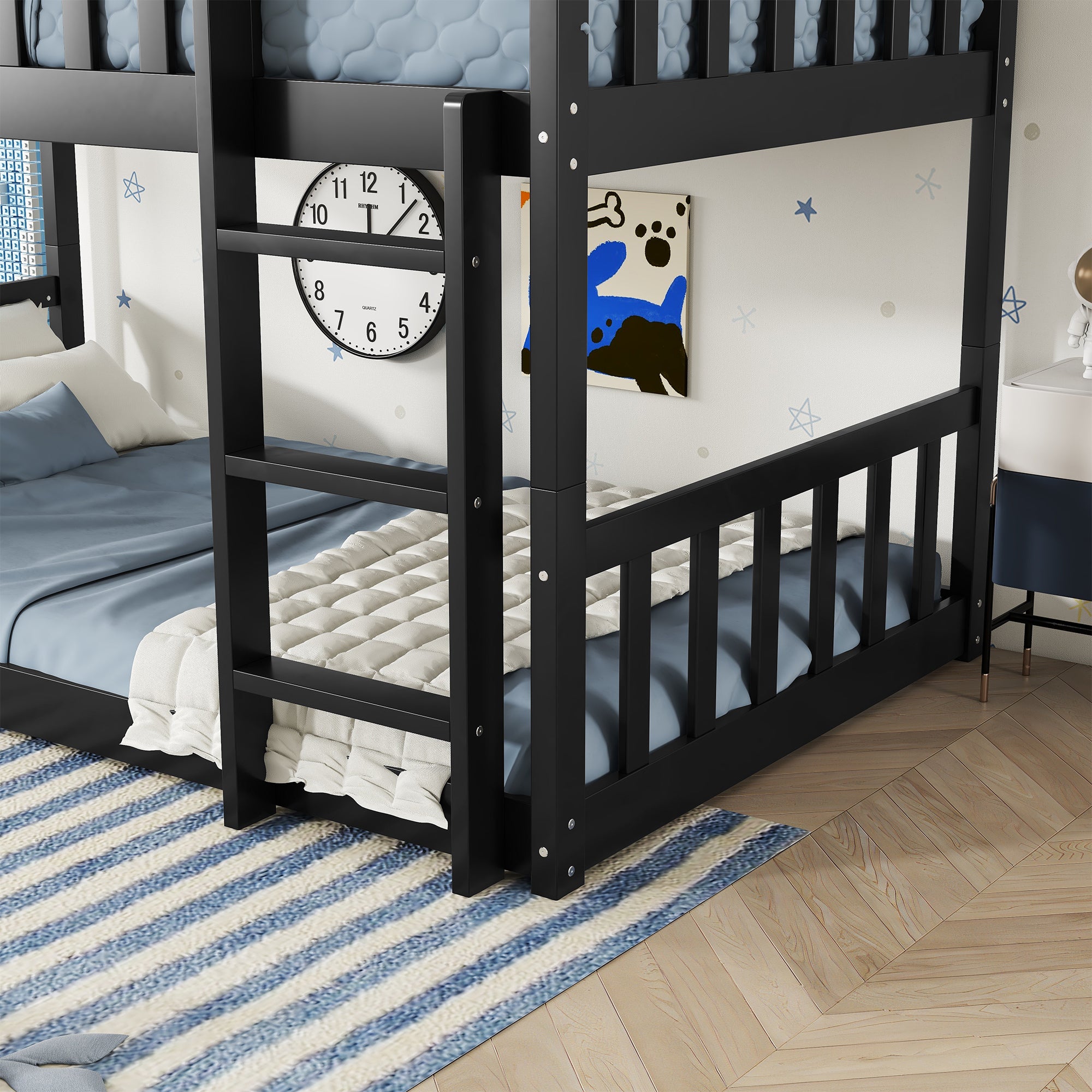 Black Twin Size Triple Rubber Wood Bunk Bed with Ladders and Detachable Design