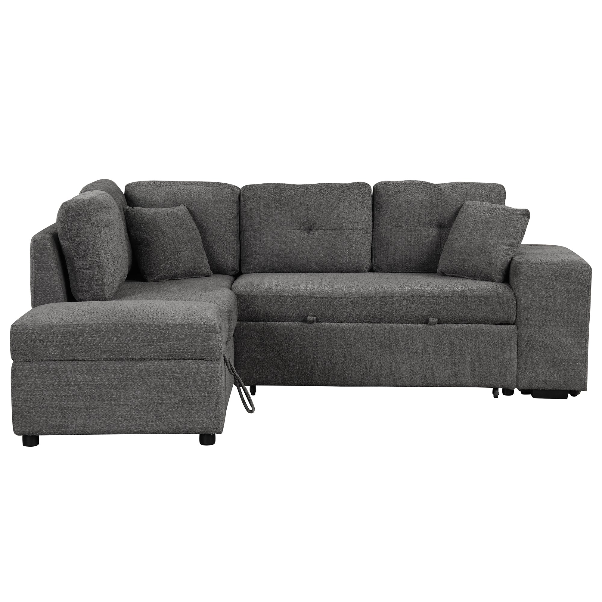 Dark Gray Chenille Pull-Out Sofa Bed with Storage Ottomans and Wireless Charger