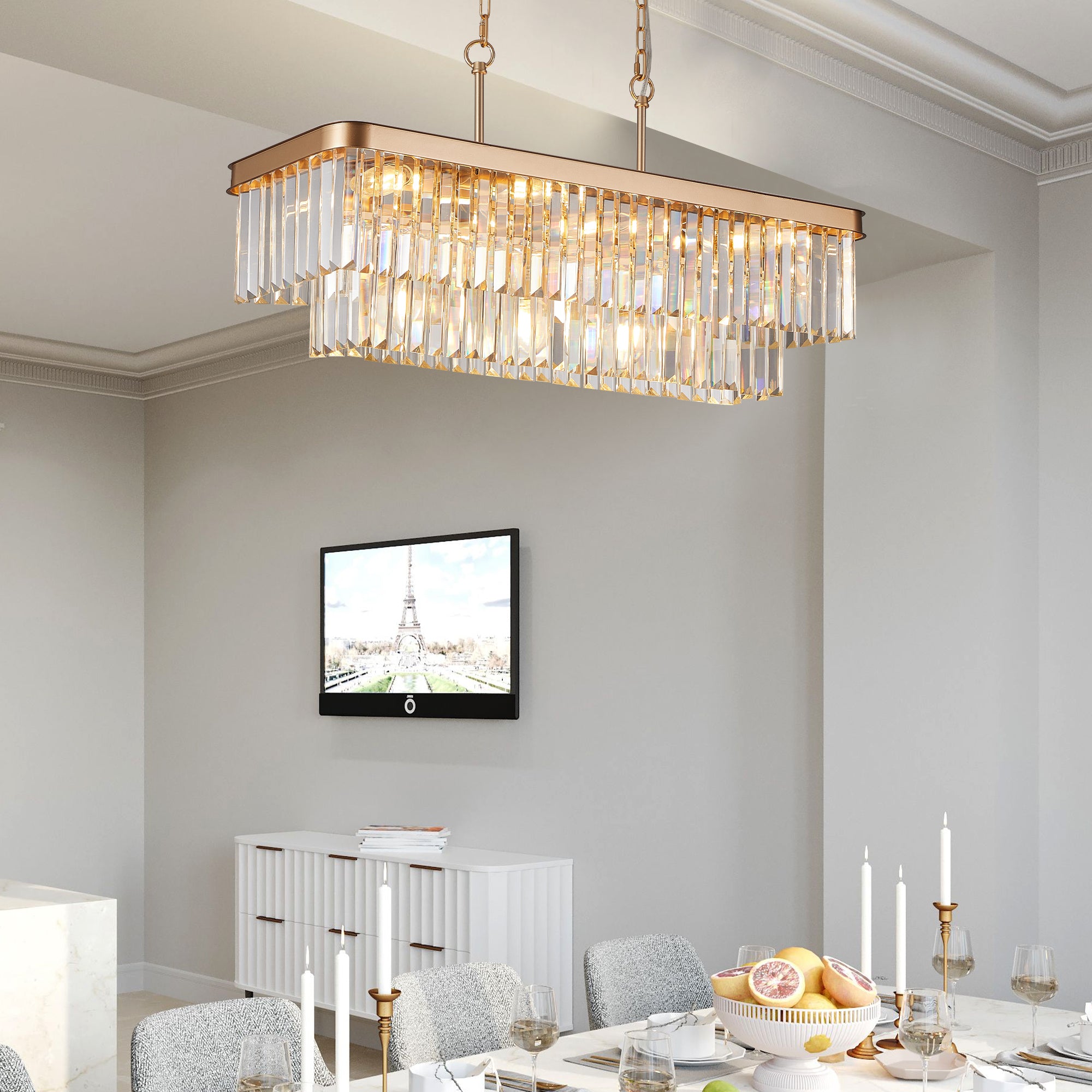 Rectangular Gold Crystal Chandelier