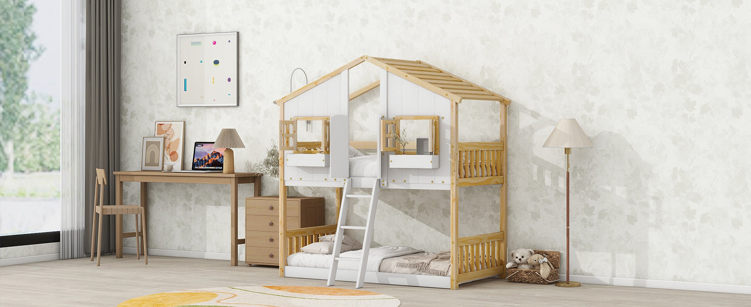 Twin Over Twin House Bunk Bed with Roof, Window, and Door in Natural and White Tones