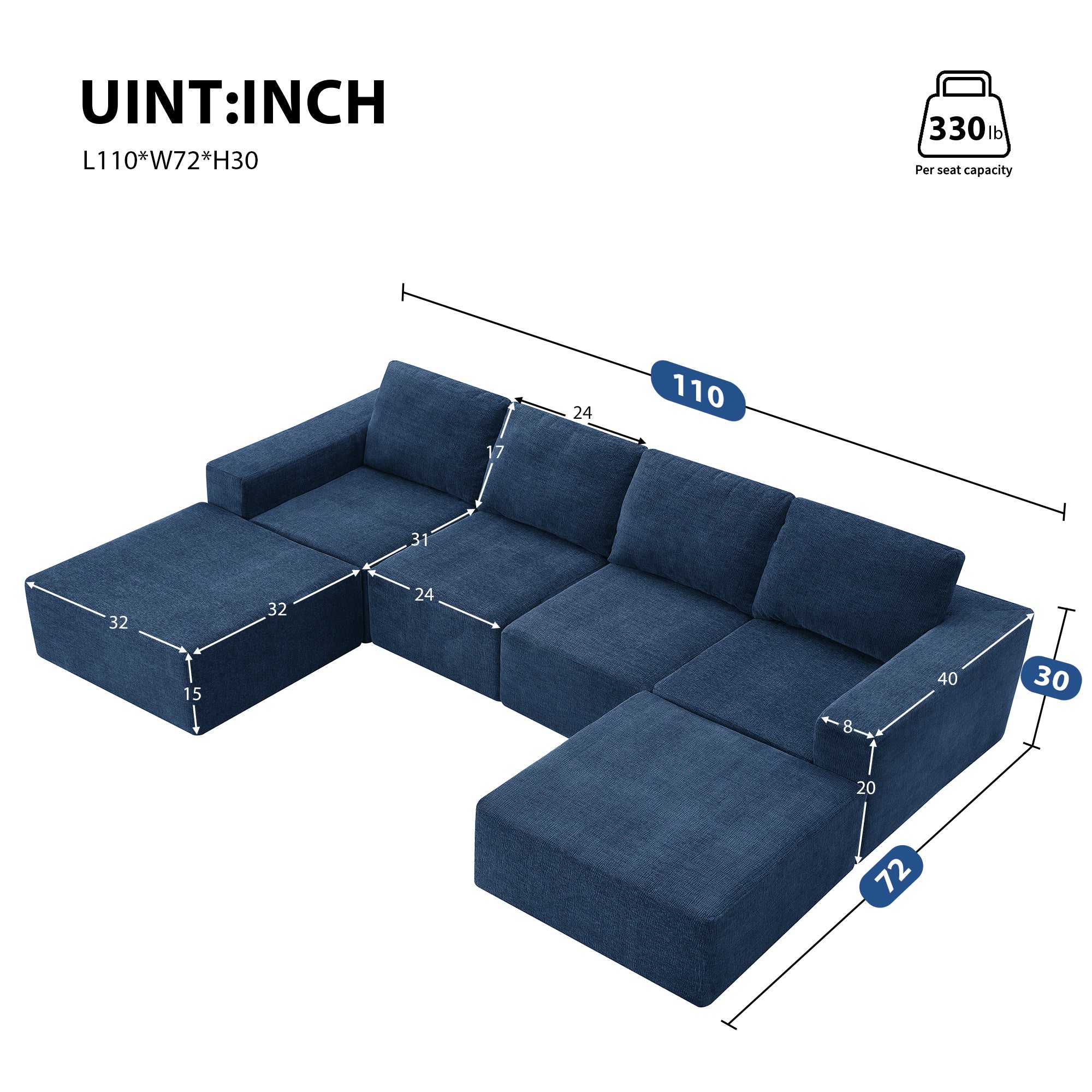 Tangier 6-Seat Modular U-Shaped Sofa in Navy