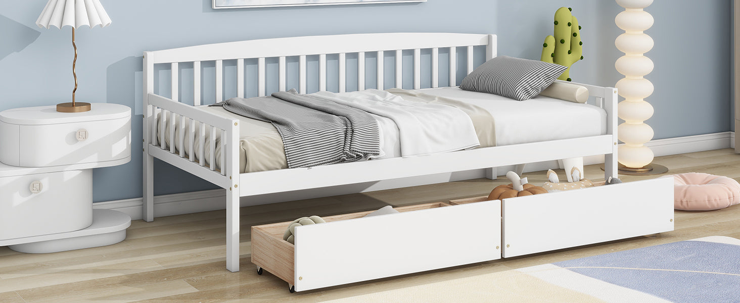 Twin-Size Pine Wood Daybed with Two Storage Drawers In White