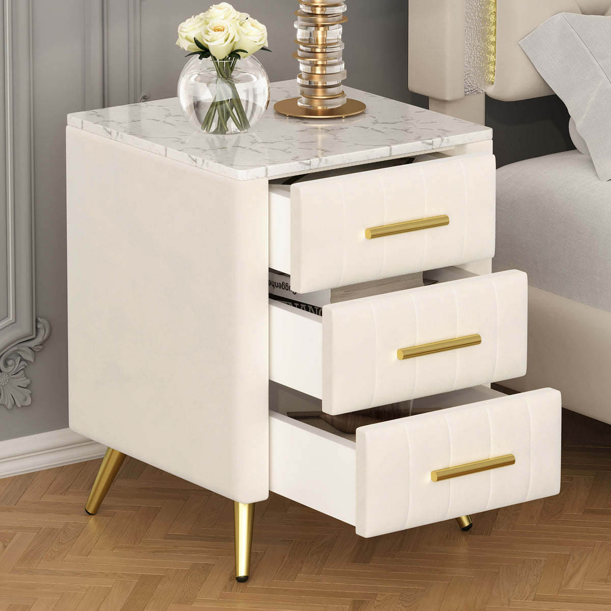 Upholstered Wooden Nightstand with 3 Drawers and Metal Legs In Beige