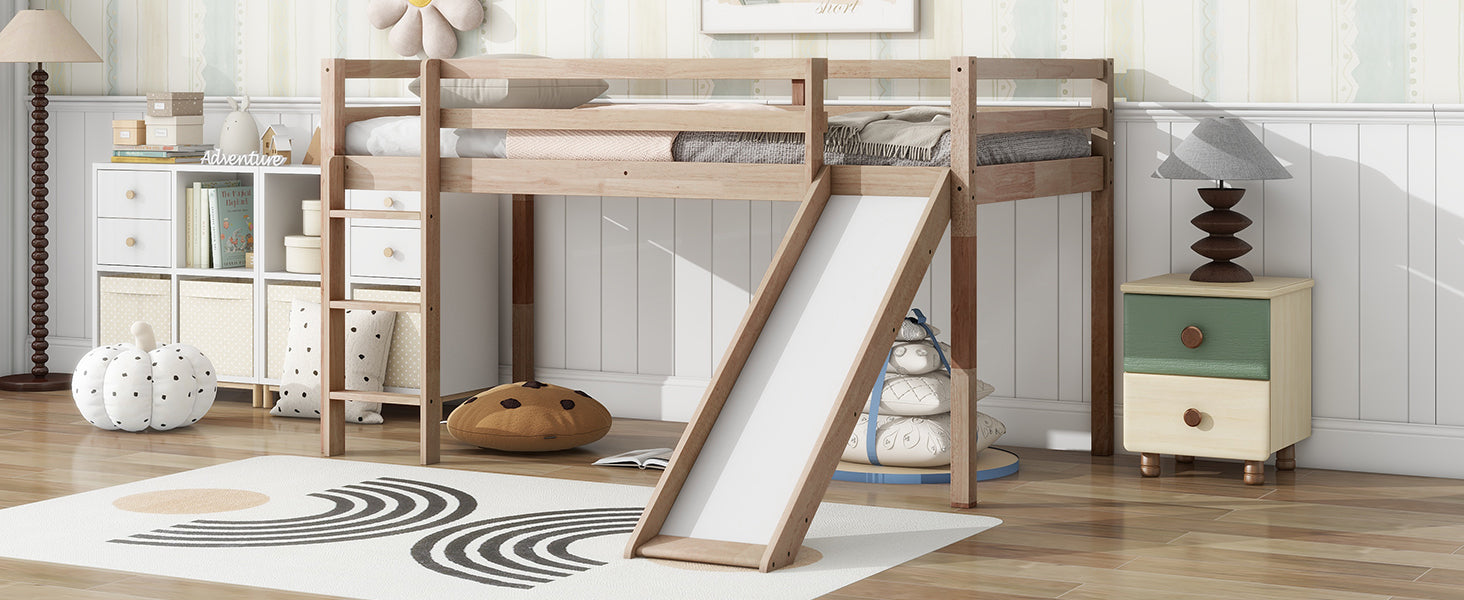 White Oak Twin Low Loft Bed with Slide and Ladder