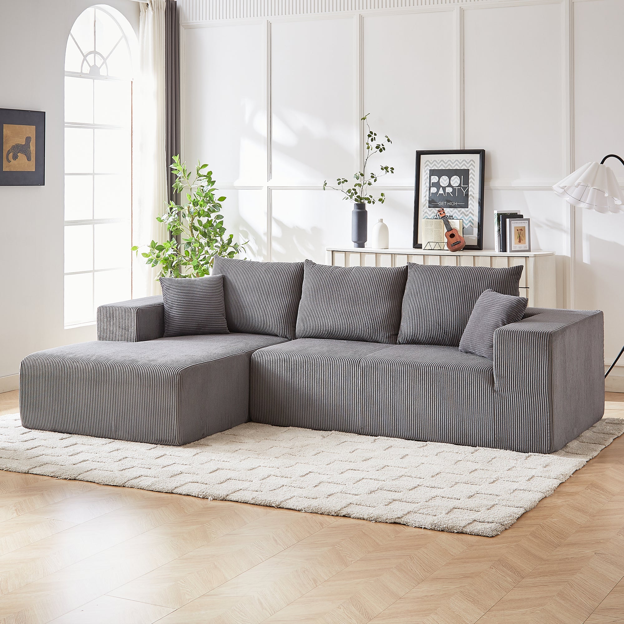 3-Seater Modular Corduroy Sofa In Gray Flexible Configuration