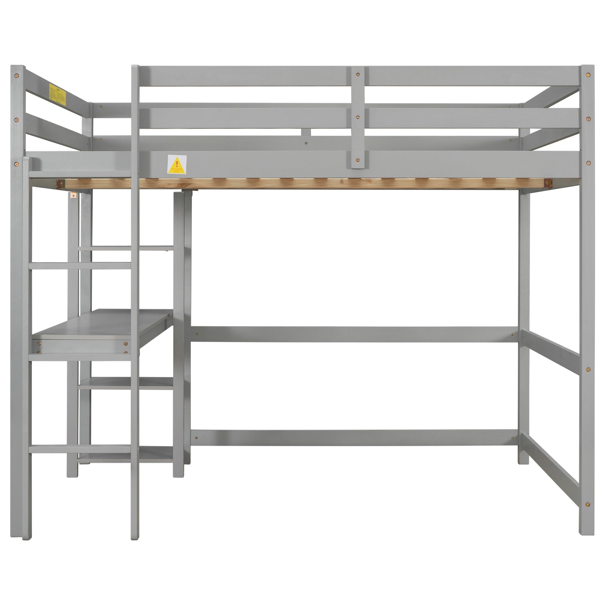 Gray Full Loft Bed with Desk, Ladder, and Shelves