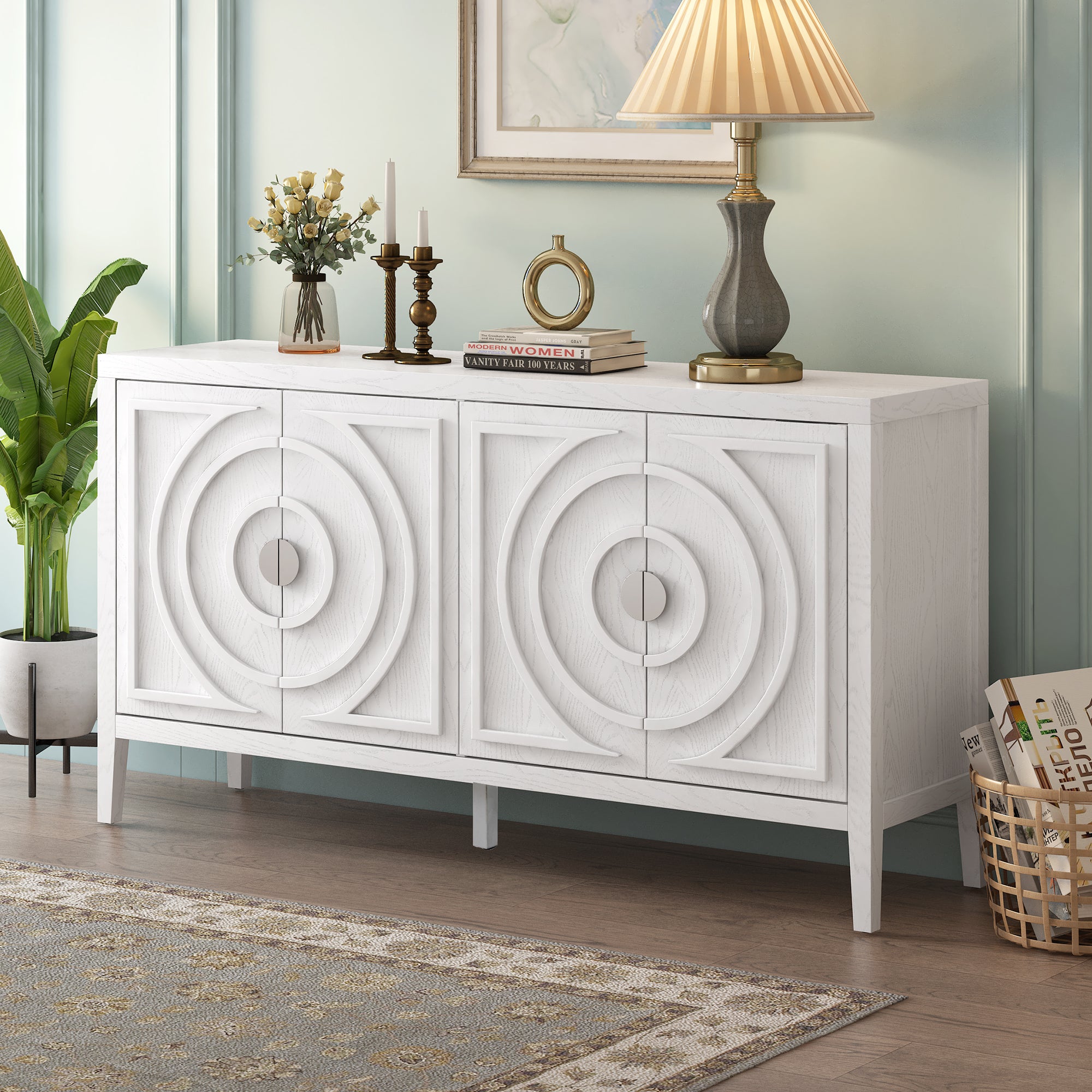 Retro Sideboard With Circular Groove Design And Round Metal Door Handle For Living Room In White