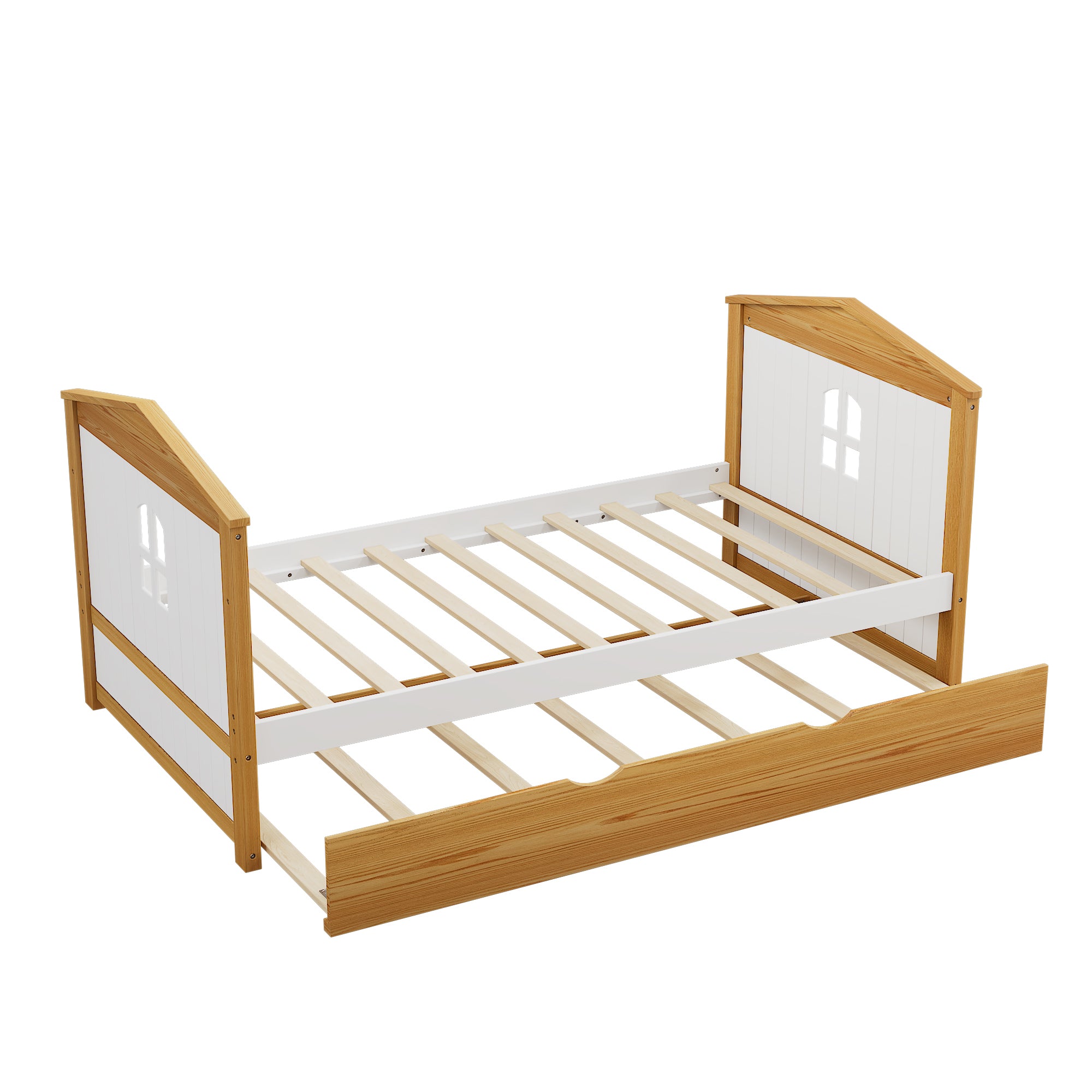 Twin House Bed with Trundle and Fence Guardrails