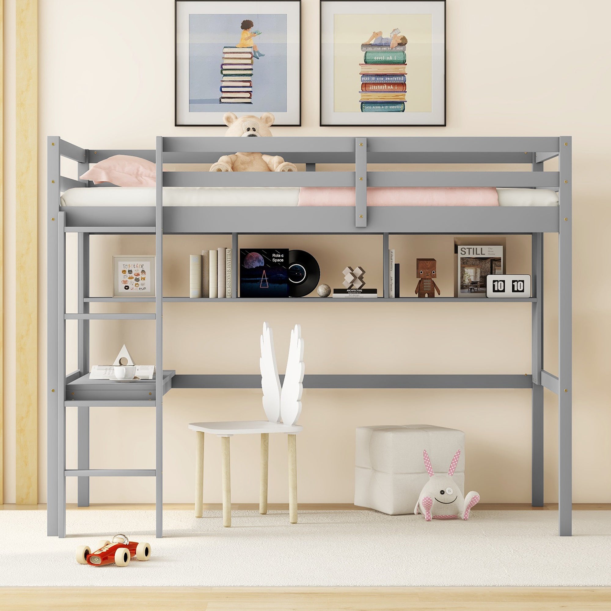 Gray Twin Loft Bed with Desk, Bookcase, and Safety Guardrail