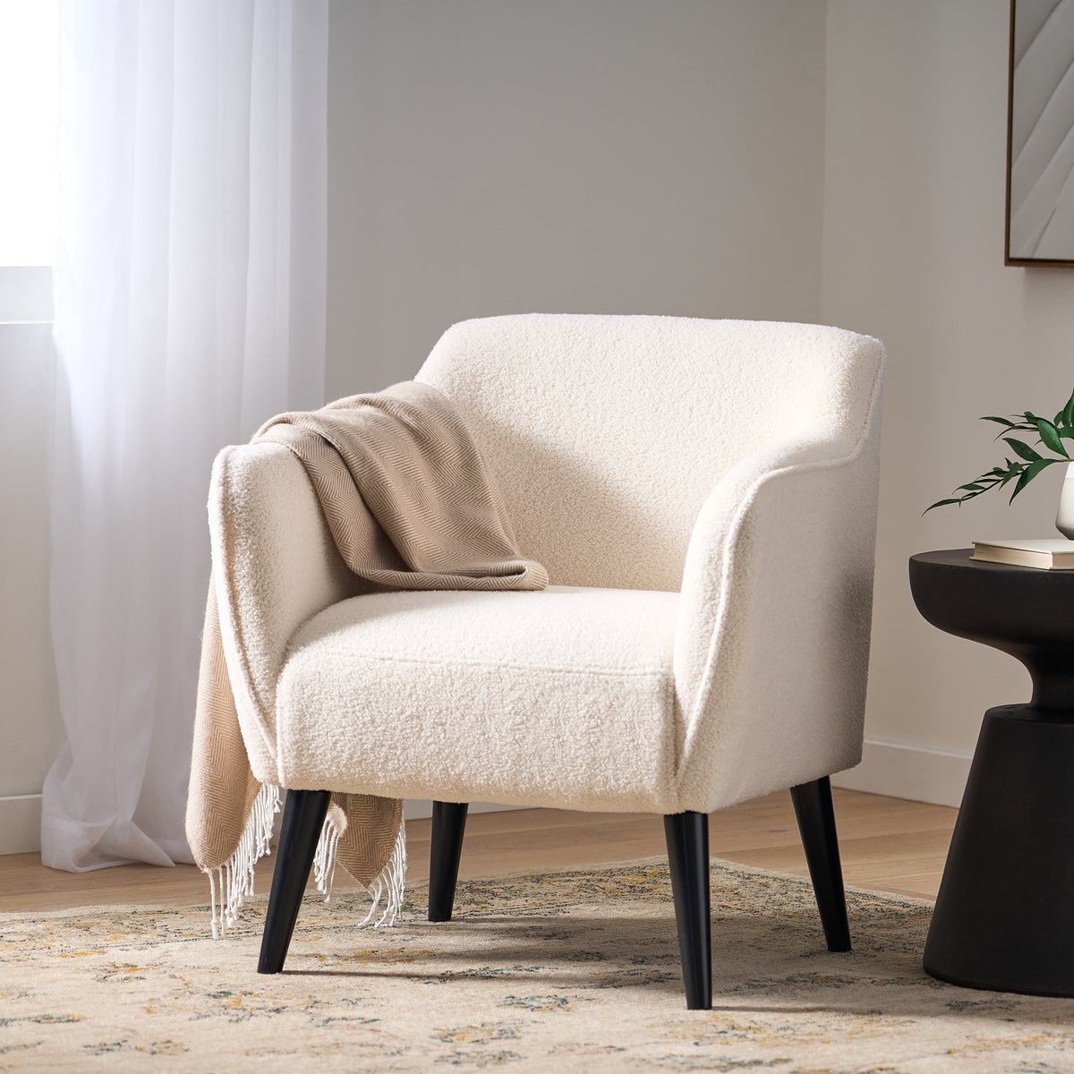 Stylish Upholstered Armchair In Ivory Fabric