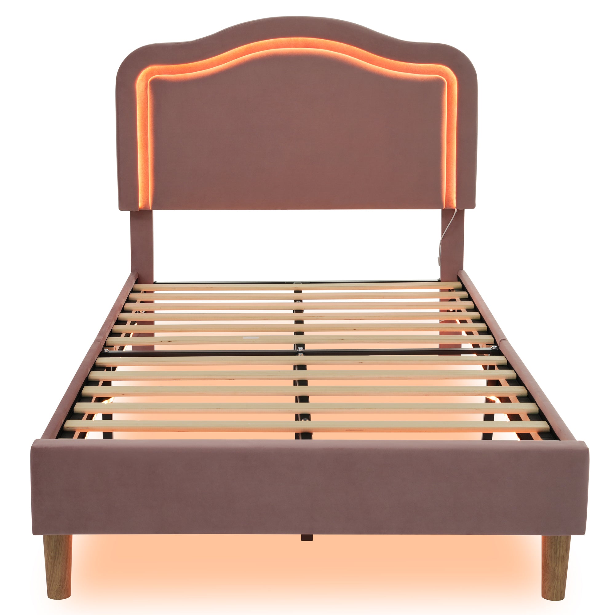 Pink Twin Velvet Upholstered Bed Frame with Adjustable LED Lights