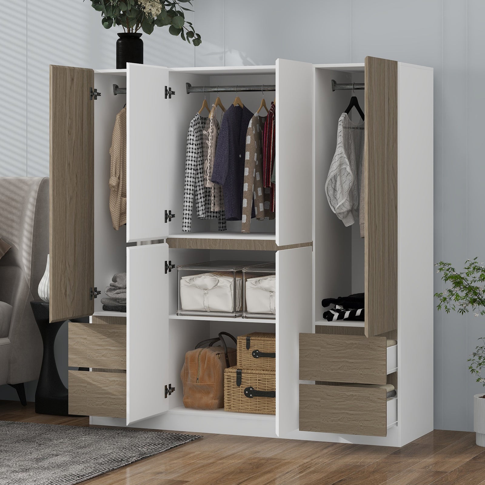 68" White & Natural 6-Door Wooden Wardrobe
