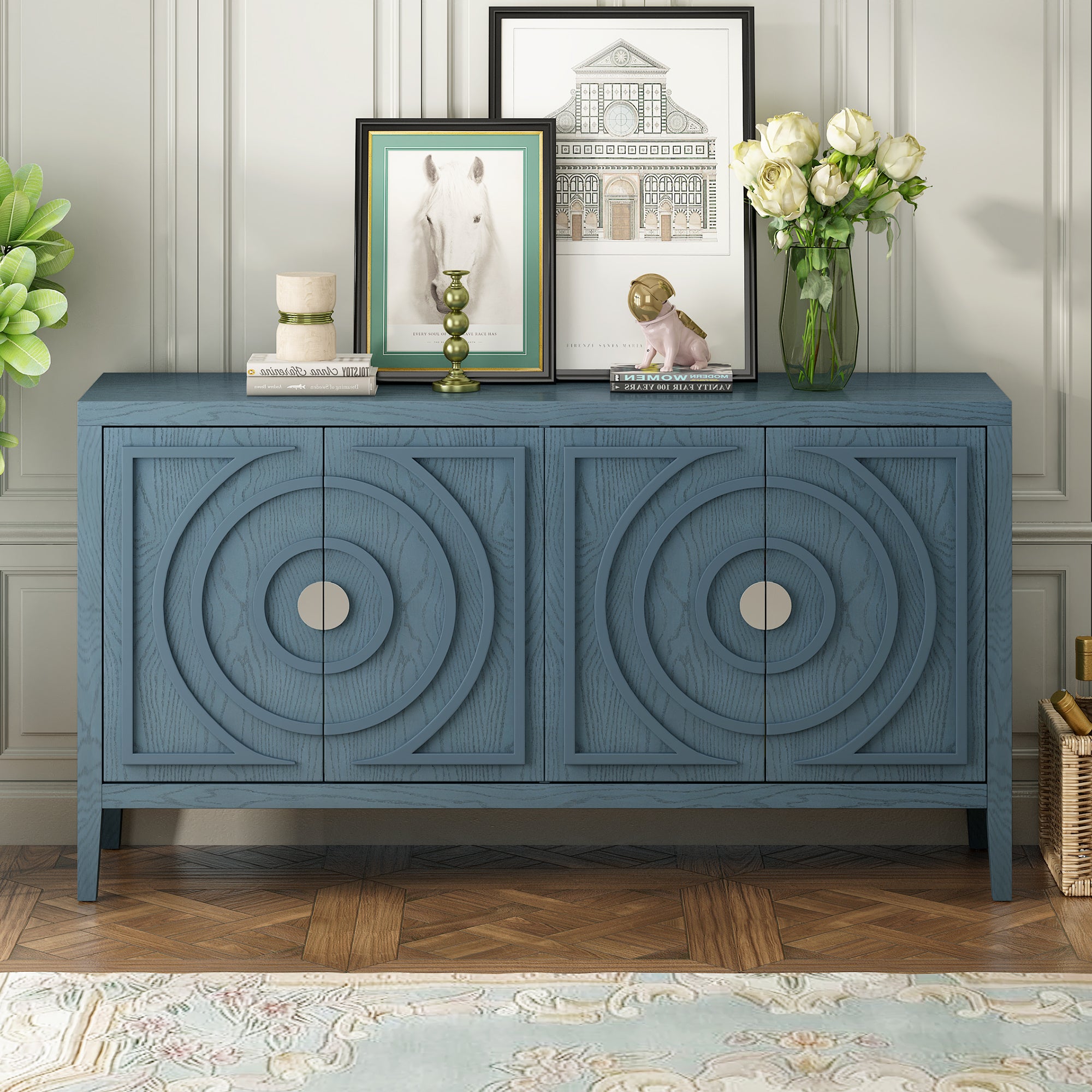 Retro Sideboard With Circular Groove Design And Round Metal Door Handle For Entrance Dinning Room Living Room In Antique Blue