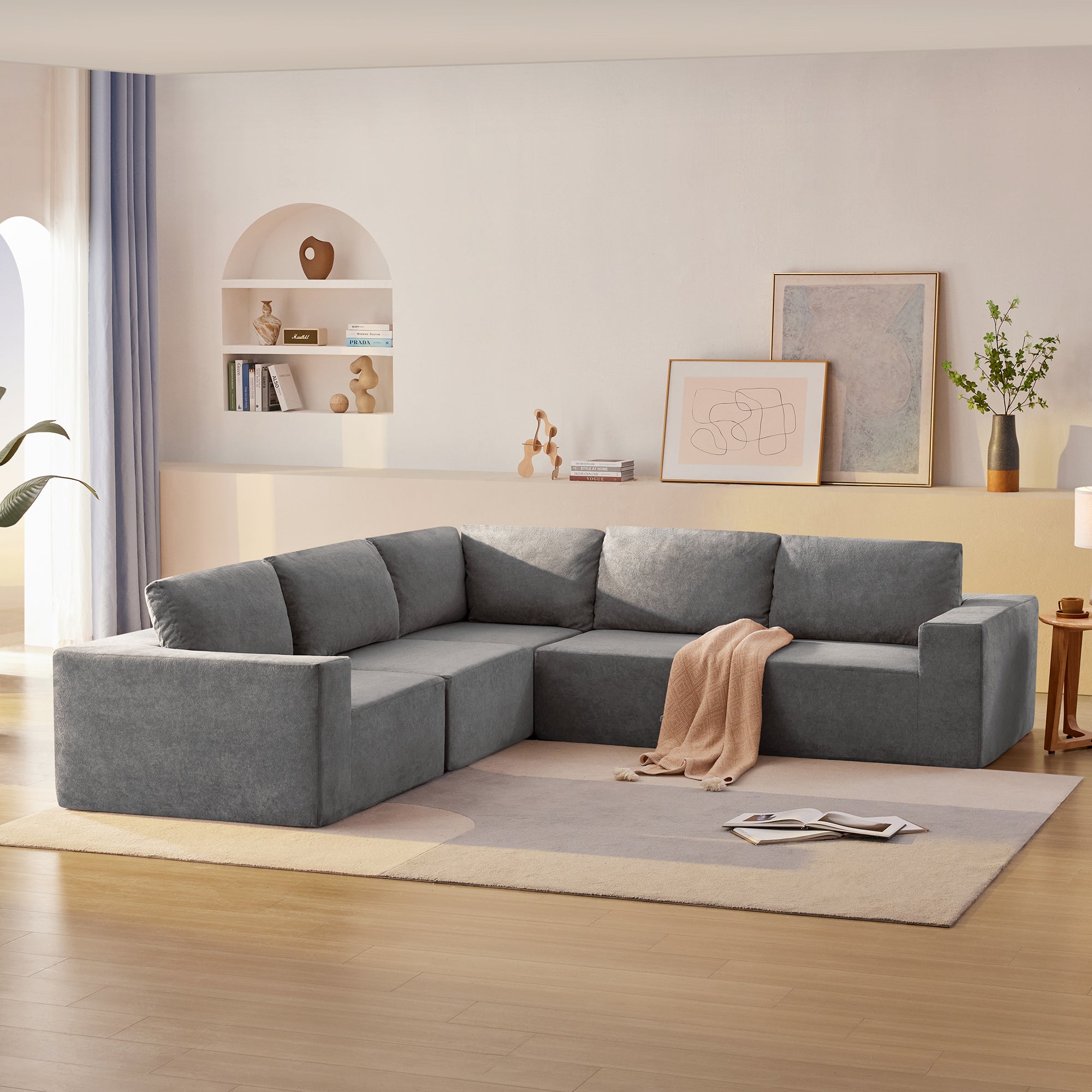 Kyoto Modular Sectional Sofa with Terrycloth Fabric in Gray