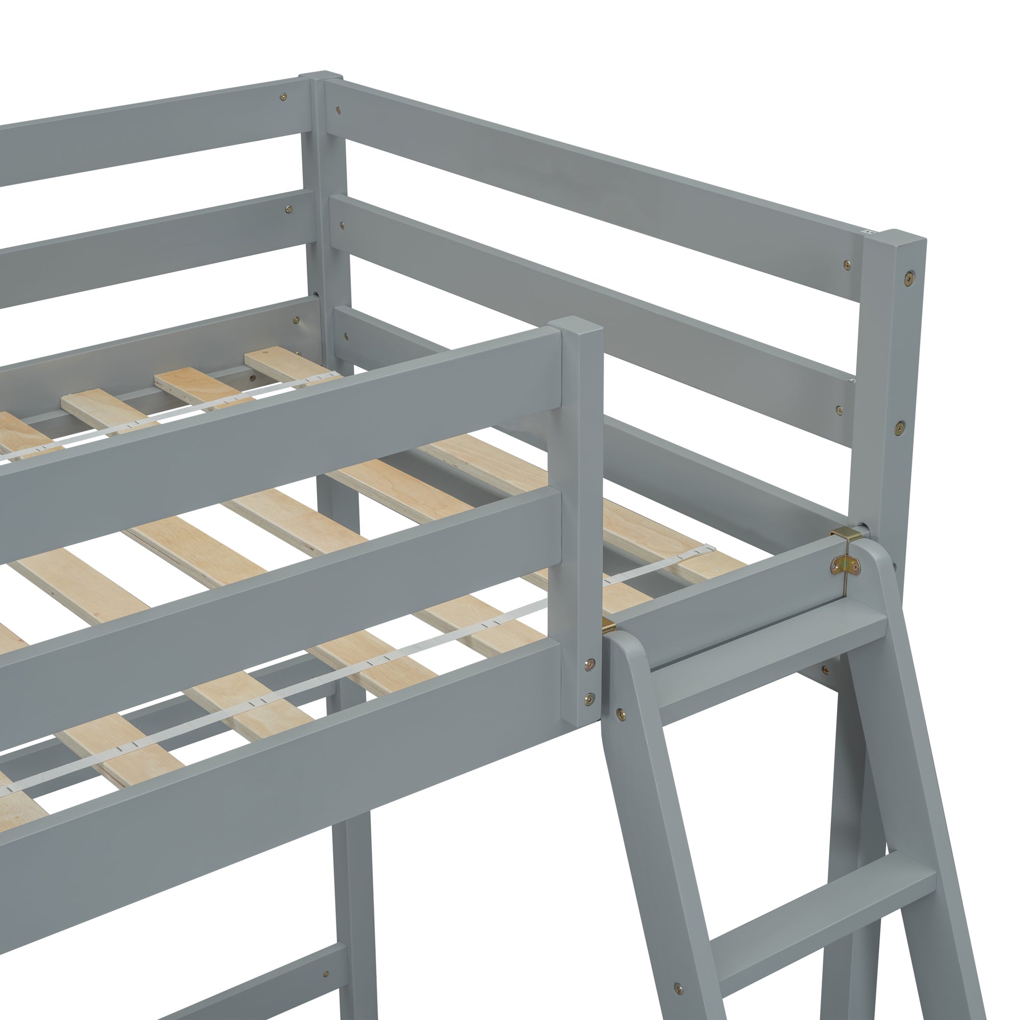 Gray Twin Size High Loft Bed with Inclined Ladder and Guardrails