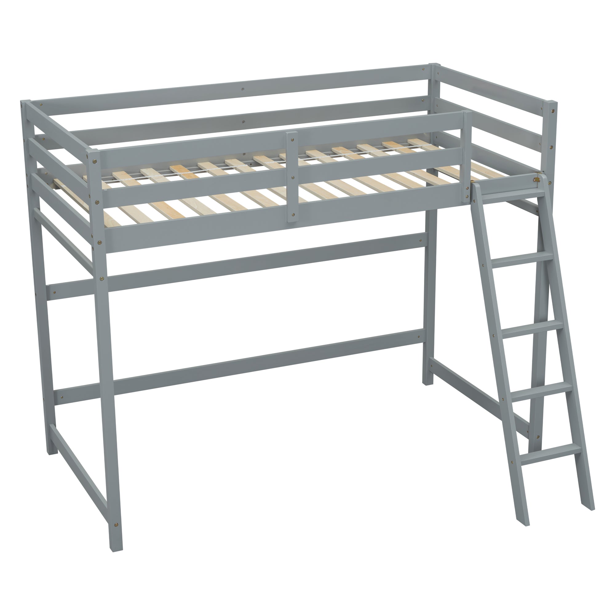 Gray Twin Size High Loft Bed with Inclined Ladder and Guardrails