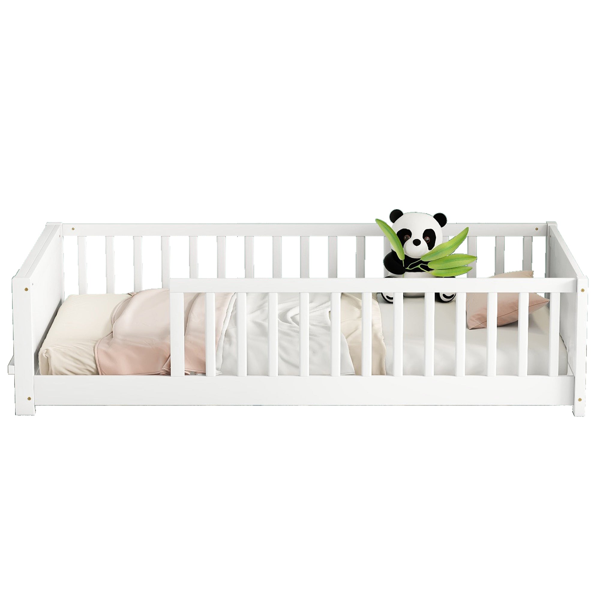 White Twin Toddler Floor Platform Bed with Built-in Book Storage Rack