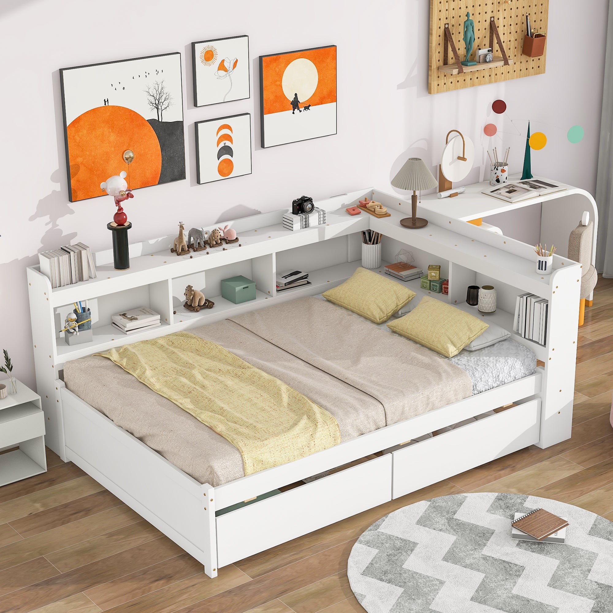 White Full Bed with L-Shaped Bookcases and Storage Drawers