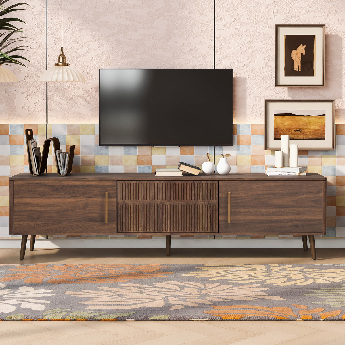 Mid Century TV Stand with 2 Drawers for TVs up to 80 Inch Solid Wood and MDF Media Console Table In Walnut